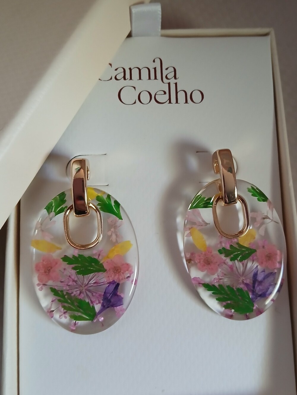 Camila Coelho Clear Lucite Wildflower Door Knocker Earrings, Multi Color, In Box